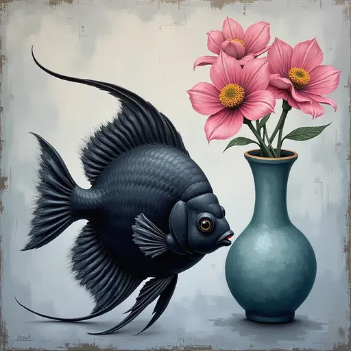 Abstract textured painting of a black Angelfish sitting next to a vase with pink flowers, in the style of Ann Froud and Paulina P., against a gray background.