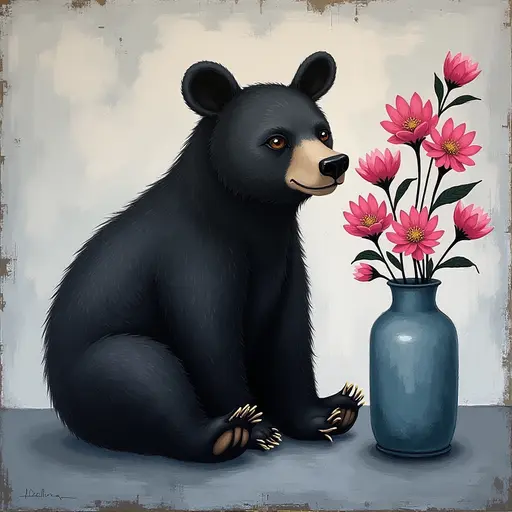 Abstract textured painting of a black Bear sitting next to a vase with pink flowers, in the style of Ann Froud and Paulina P., against a gray background.