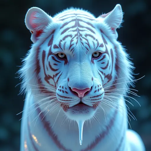 a hyper realistic image in 4K of albino Tiger that looks wears a second skin made of liquid metal shiney glass on her face that shines in neon transparent like glue, similar to an instagram filter