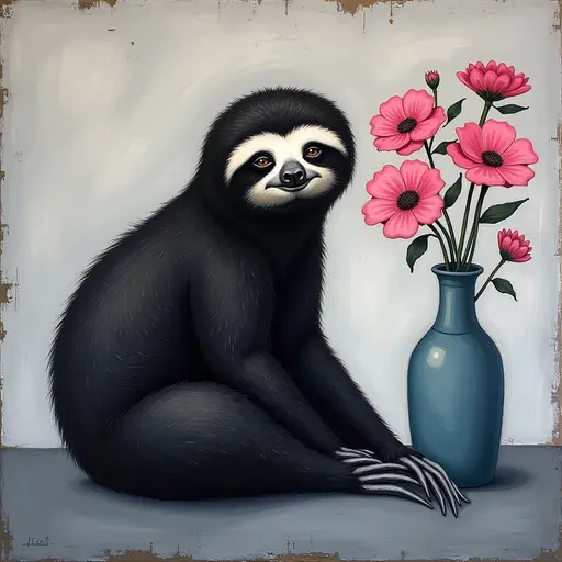 Abstract textured painting of a black Sloth sitting next to a vase with pink flowers, in the style of Ann Froud and Paulina P., against a gray background.