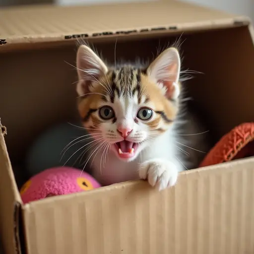 A kitten is rummaging through a toy box, occasionally poking its little head out, its eyes sparkling with excitement and curiosity.