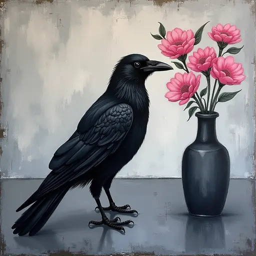 Abstract textured painting of a black Raven sitting next to a vase with pink flowers, in the style of Ann Froud and Paulina P., against a gray background.