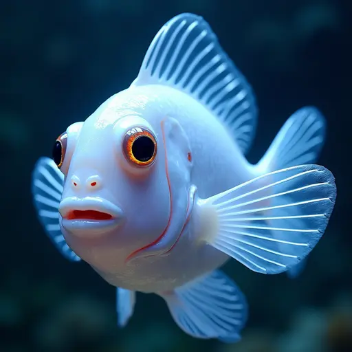 a hyper realistic image in 4K of albino Clownfish that looks wears a second skin made of liquid metal shiney glass on her face that shines in neon transparent like glue, similar to an instagram filter