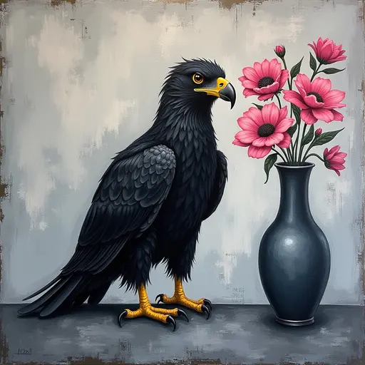 Abstract textured painting of a black Eagle sitting next to a vase with pink flowers, in the style of Ann Froud and Paulina P., against a gray background.