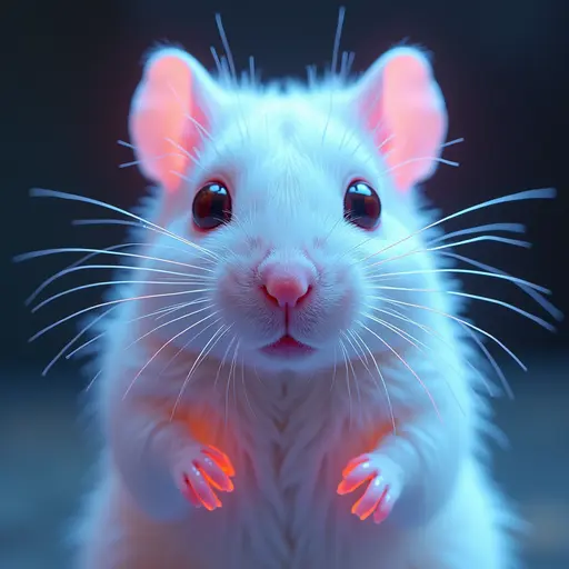 a hyper realistic image in 4K of albino Gerbil that looks wears a second skin made of liquid metal shiney glass on her face that shines in neon transparent like glue, similar to an instagram filter