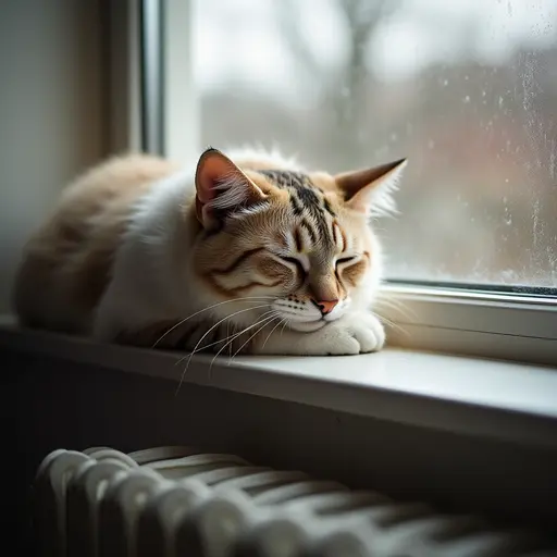 An elderly cat resting on a windowsill, with its eyes half-closed, watching the world go by outside.