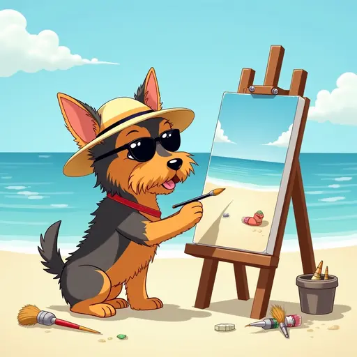 A dog(Yorkshire Terrier) in a sun hat and sunglasses, painting a canvas of the beach scene, with easels and art supplies scattered around, in the style of Miyazaki.