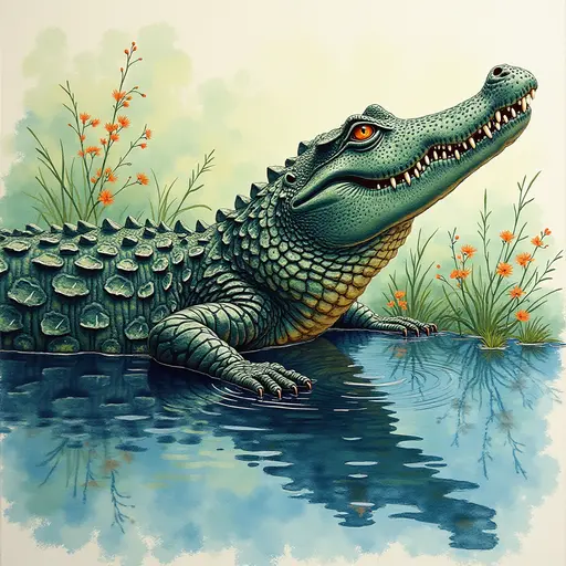 A pointillism style painting of a Crocodile