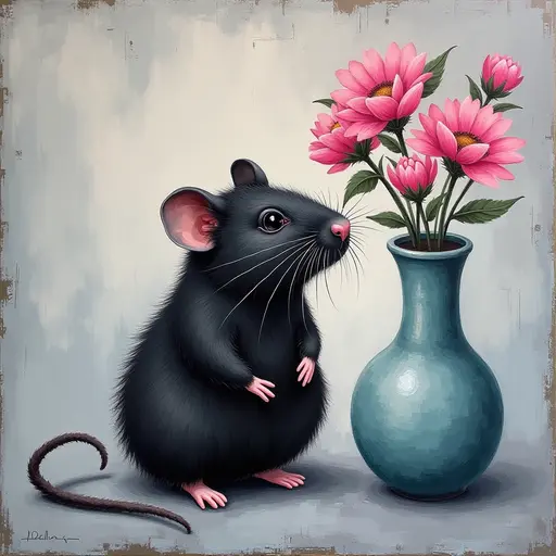 Abstract textured painting of a black Hamster sitting next to a vase with pink flowers, in the style of Ann Froud and Paulina P., against a gray background.