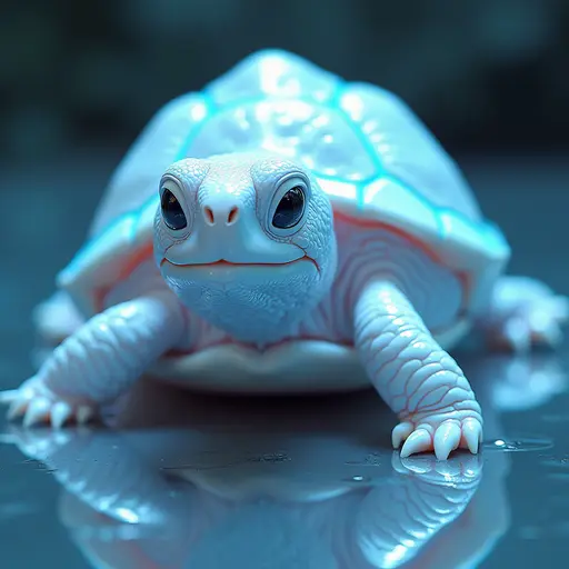 a hyper realistic image in 4K of albino Turtle that looks wears a second skin made of liquid metal shiney glass on her face that shines in neon transparent like glue, similar to an instagram filter