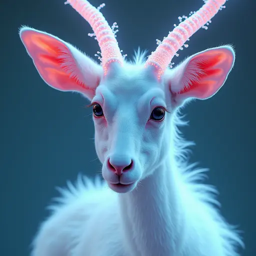 a hyper realistic image in 4K of albino Antelope that looks wears a second skin made of liquid metal shiney glass on her face that shines in neon transparent like glue, similar to an instagram filter