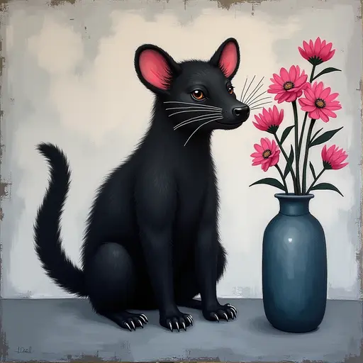 Abstract textured painting of a black Tasmanian Devil sitting next to a vase with pink flowers, in the style of Ann Froud and Paulina P., against a gray background.