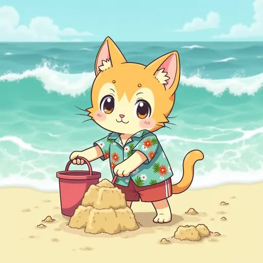 A cat dressed in a Hawaiian shirt and shorts, building a sandcastle with a bucket and shovel, with waves crashing in the background, in the style of Miyazaki.