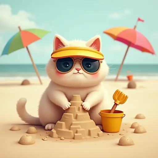 A playful Scottish Fold cat wearing a tiny sun visor, building a sandcastle with a little bucket and spade, surrounded by colorful beach umbrellas.