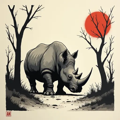 Minimalist ink, survival horror, prowling Rhinoceros