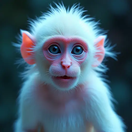 a hyper realistic image in 4K of albino Capuchin Monkey that looks wears a second skin made of liquid metal shiney glass on her face that shines in neon transparent like glue, similar to an instagram filter