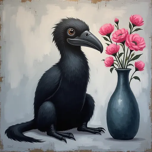 Abstract textured painting of a black Anteater sitting next to a vase with pink flowers, in the style of Ann Froud and Paulina P., against a gray background.