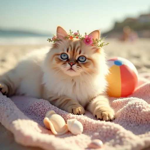 A fluffy Persian cat with a flower crown, relaxing on a plush beach blanket surrounded by seashells and a colorful beach ball, basking in the warm sun.