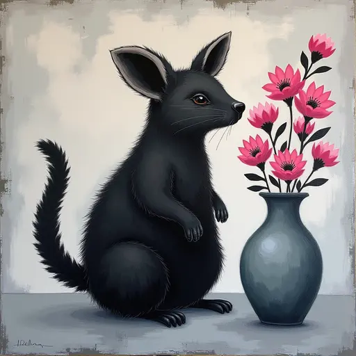 Abstract textured painting of a black Quokka sitting next to a vase with pink flowers, in the style of Ann Froud and Paulina P., against a gray background.