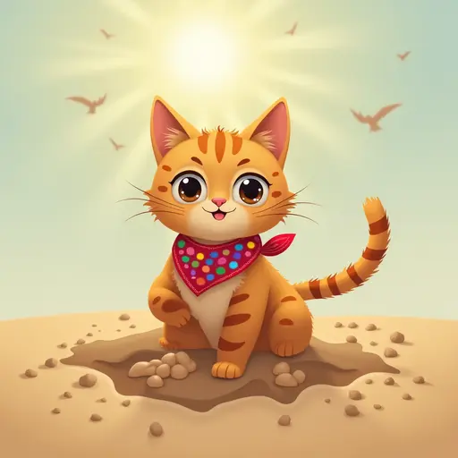 A playful Abyssinian cat wearing a colorful bandana, digging in the sand for buried treasure while the sun shines brightly overhead.