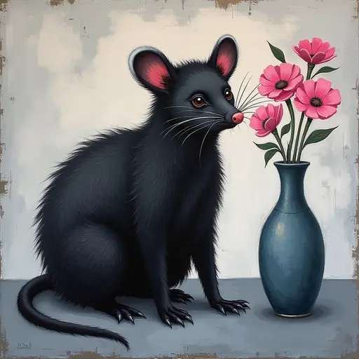 Abstract textured painting of a black Opossum sitting next to a vase with pink flowers, in the style of Ann Froud and Paulina P., against a gray background.