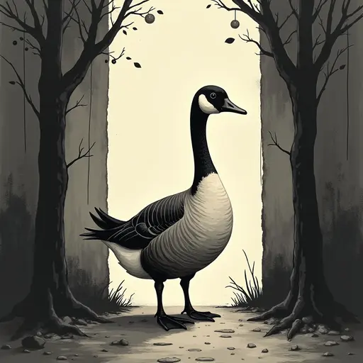 Minimalist ink, survival horror, prowling Goose