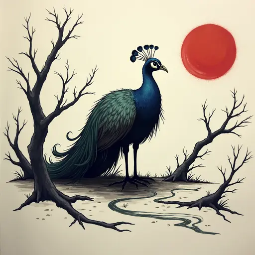 Minimalist ink, survival horror, prowling Peacock