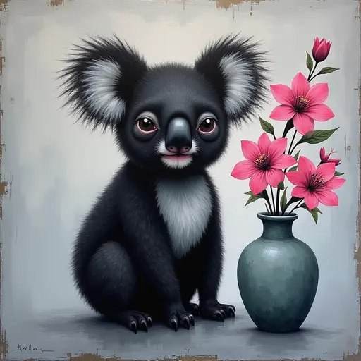 Abstract textured painting of a black Koala sitting next to a vase with pink flowers, in the style of Ann Froud and Paulina P., against a gray background.