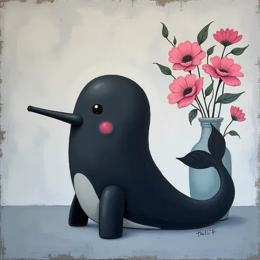 Abstract textured painting of a black Narwhal sitting next to a vase with pink flowers, in the style of Ann Froud and Paulina P., against a gray background.