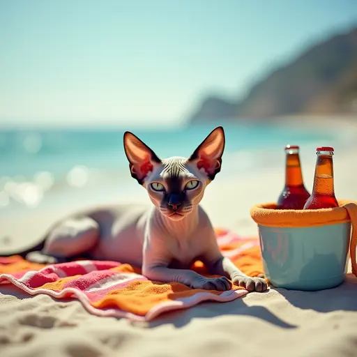 A Sphynx cat with a colorful beach towel, basking in the sun and lounging near a cooler filled with drinks on a sunny beach day