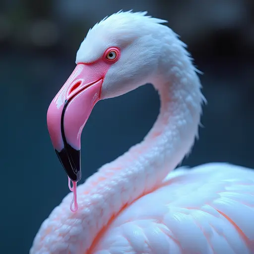 a hyper realistic image in 4K of albino Flamingo that looks wears a second skin made of liquid metal shiney glass on her face that shines in neon transparent like glue, similar to an instagram filter