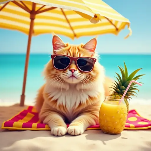 A fluffy Maine Coon cat wearing a pair of oversized sunglasses, lounging on a brightly colored beach towel with a pineapple drink beside it, under a large striped umbrella on a sunny beach day.