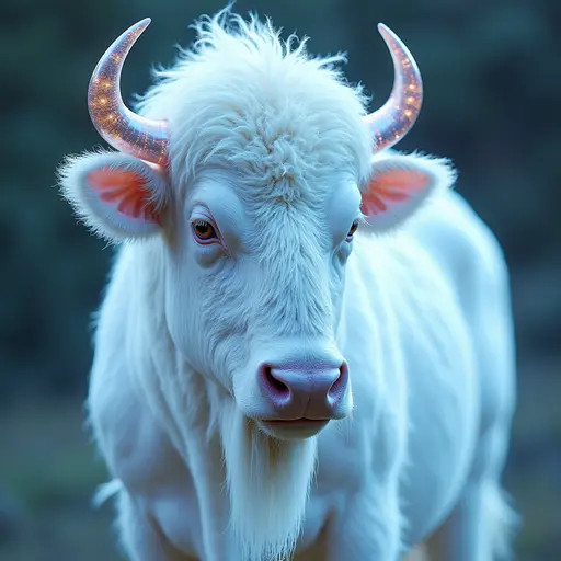 a hyper realistic image in 4K of albino Bison that looks wears a second skin made of liquid metal shiney glass on her face that shines in neon transparent like glue, similar to an instagram filter