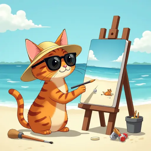 A cat(Bengal cat) in a sun hat and sunglasses, painting a canvas of the beach scene, with easels and art supplies scattered around, in the style of Miyazaki.