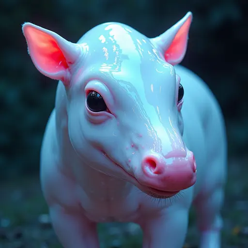 a hyper realistic image in 4K of albino Tapir that looks wears a second skin made of liquid metal shiney glass on her face that shines in neon transparent like glue, similar to an instagram filter