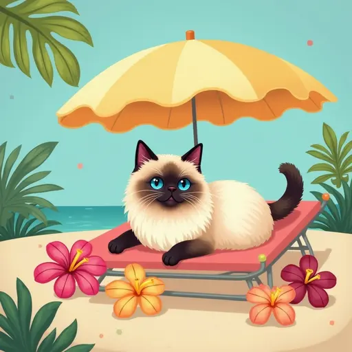 A Himalayan cat lying under a beach umbrella, surrounded by tropical flowers while enjoying a relaxing day at the beach