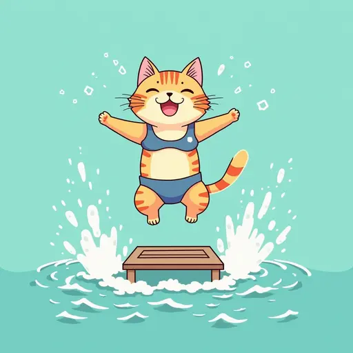 A cat in a vintage swimsuit, jumping off a diving board into the sea, with splashes and laughter all around, in the style of Miyazaki.