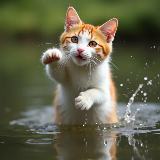 A spirited Turkish Van cat climbing high, its water-loving nature evident as it gazes at a nearby pond, excitement evident in its bright amber eyes.