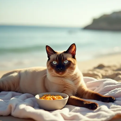 A graceful Burmese cat lounging on a beach towel with a bowl of snacks, enjoying the warmth of the sun and the sound of the ocean.