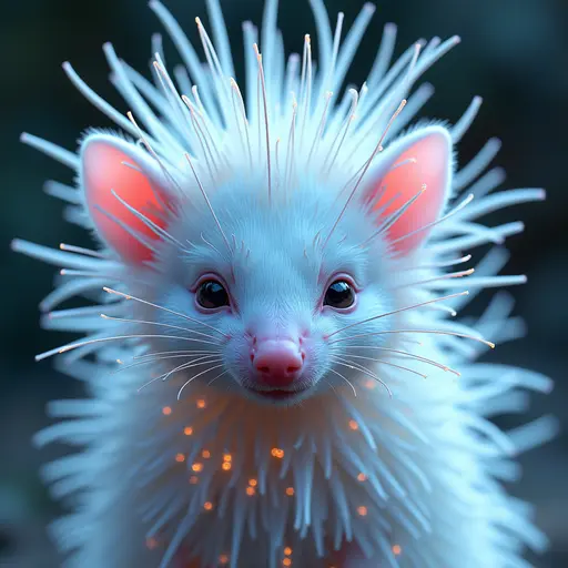 a hyper realistic image in 4K of albino Porcupine that looks wears a second skin made of liquid metal shiney glass on her face that shines in neon transparent like glue, similar to an instagram filter