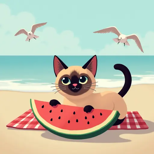 A charming Burmese cat with a watermelon slice, lounging on a beach towel, enjoying the warmth of the sun and the sound of seagulls in the background.