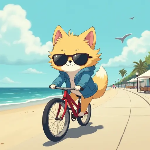 A Pomeranian wearing a denim jacket and sunglasses, riding a bicycle along the beach promenade, with the ocean breeze blowing, in the style of Miyazaki