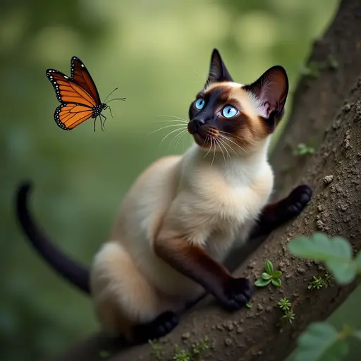 A sleek Siamese cat climbing a tree, with its sharp blue eyes focused on a butterfly hovering nearby. The tree is lush, and the cat's expression is playful.