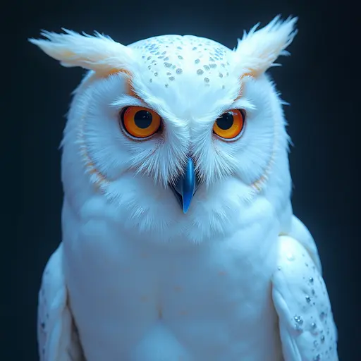 a hyper realistic image in 4K of albino Owl that looks wears a second skin made of liquid metal shiney glass on her face that shines in neon transparent like glue, similar to an instagram filter