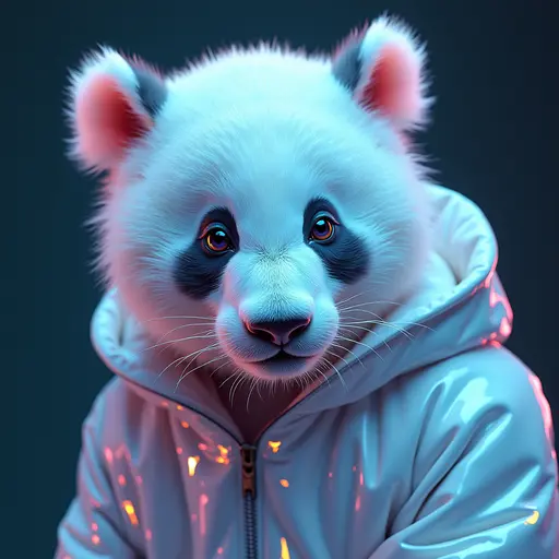 a hyper realistic image in 4K of albino Panda that looks wears a second skin made of liquid metal shiney glass on her face that shines in neon transparent like glue, similar to an instagram filter