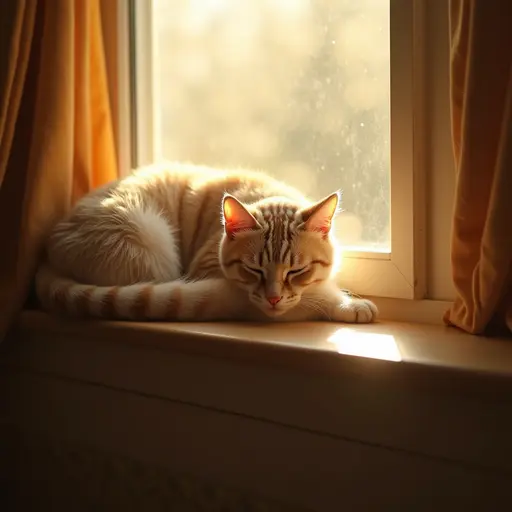 A cat curls up by the window, sunlight streaming through the curtains and illuminating its fur, making it sparkle as it enjoys the warmth.