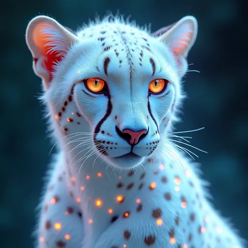 a hyper realistic image in 4K of albino Cheetah that looks wears a second skin made of liquid metal shiney glass on her face that shines in neon transparent like glue, similar to an instagram filter