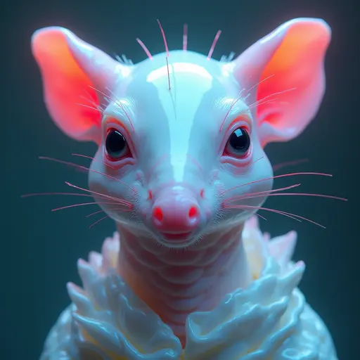 a hyper realistic image in 4K of albino Aardvark that looks wears a second skin made of liquid metal shiney glass on her face that shines in neon transparent like glue, similar to an instagram filter