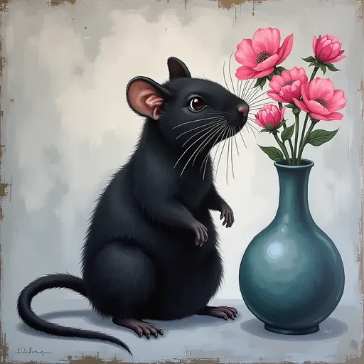 Abstract textured painting of a black Gerbil sitting next to a vase with pink flowers, in the style of Ann Froud and Paulina P., against a gray background.