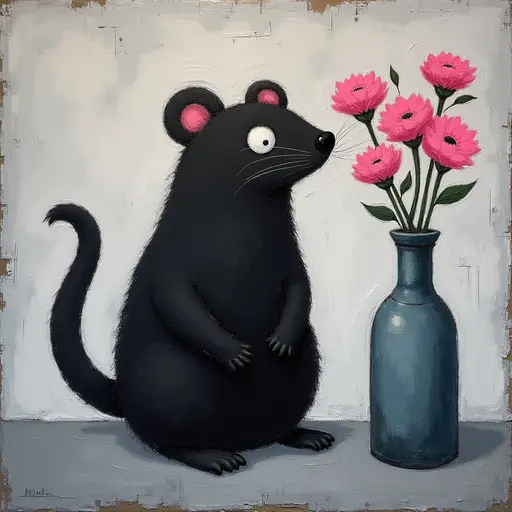 Abstract textured painting of a black Mole sitting next to a vase with pink flowers, in the style of Ann Froud and Paulina P., against a gray background.